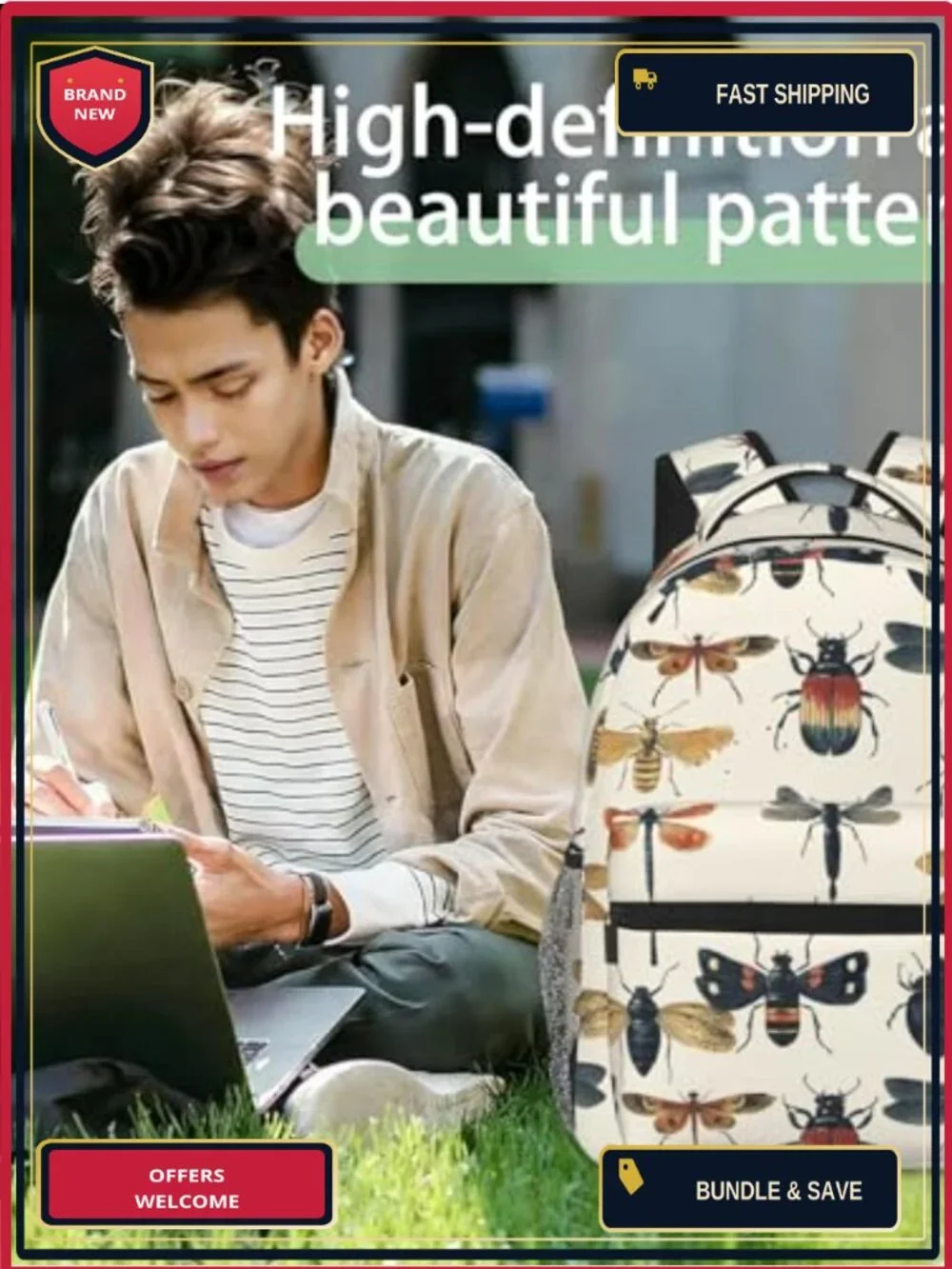 Vintage Insect Pattern Polyester Backpack with Padded Laptop Sleeve,